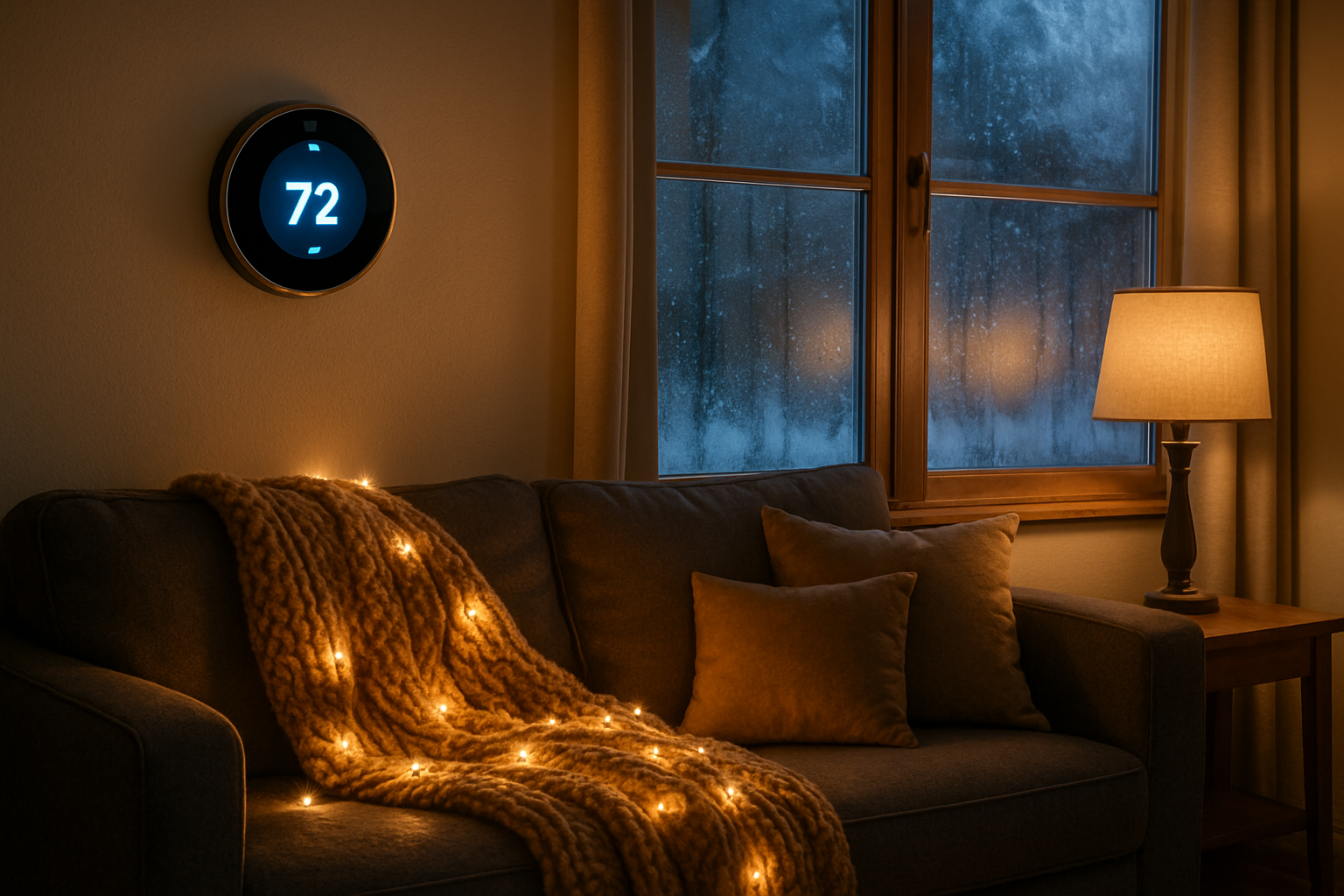Cozy living room with modern thermostat, blankets, and sealed windows illustrating winter heating efficiency.