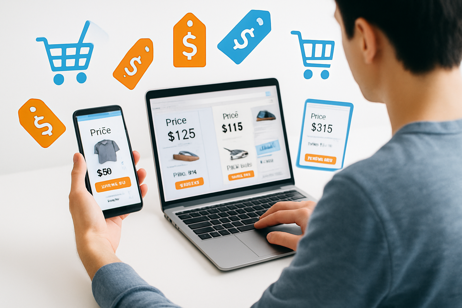 Person comparing product prices online using laptop and smartphone