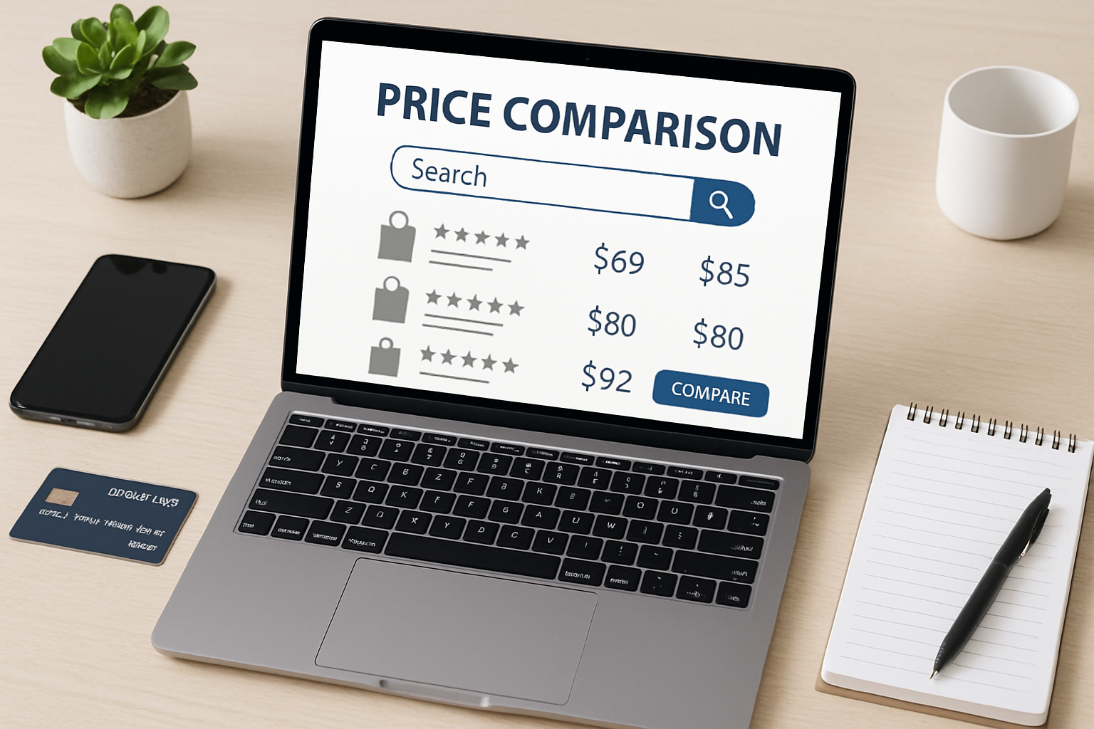 Laptop showing price comparison with shopping items on desk